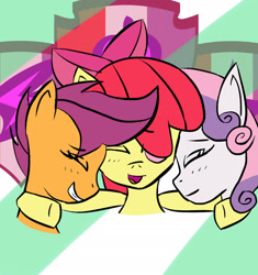 Size: 1550x1650 | Tagged: safe, artist:lucky-em, apple bloom, scootaloo, sweetie belle, earth pony, pegasus, pony, unicorn, g4, 2015, abstract background, bow, bust, cutie mark, cutie mark crusaders, eyes closed, female, filly, grin, hair bow, side hug, smiling, the cmc's cutie marks