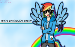 Size: 1280x800 | Tagged: safe, artist:nichandesu, rainbow dash, human, g4, 20% cooler, 2015, clothes, cutie mark, cutie mark on clothes, female, grin, hoodie, humanized, rainbow, smiling, solo, winged humanization, wings