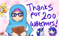Size: 1280x800 | Tagged: safe, artist:nichandesu, oc, human, pony, unicorn, 2015, book, bust, chica, clothes, crossover, female, five nights at freddy's, foxy, glasses, hijab, horn, humanized, mare, milestone, raised hoof, smiling, unicorn oc