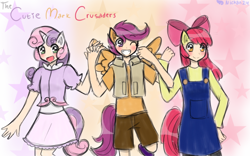 Size: 1280x800 | Tagged: safe, artist:nichandesu, apple bloom, scootaloo, sweetie belle, human, g4, 2015, :d, abstract background, clothes, cutie mark crusaders, eared humanization, female, grin, horn, horned humanization, humanized, one eye closed, open mouth, open smile, overalls, shorts, skirt, smiling, vest, winged humanization, wings, wink