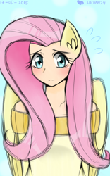 Size: 800x1280 | Tagged: safe, artist:nichandesu, fluttershy, human, g4, 2015, blushing, bust, clothes, eared humanization, eyelashes, female, frown, humanized, sweater, winged humanization, wings