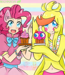 Size: 870x1000 | Tagged: safe, artist:nichandesu, pinkie pie, earth pony, human, pony, g4, 2015, :d, abstract background, blush sticker, blushing, bracelet, candle, chica, clothes, crossover, cupcake, duo, eared humanization, female, five nights at freddy's, food, holding hands, humanized, jewelry, necklace, open mouth, open smile, smiling