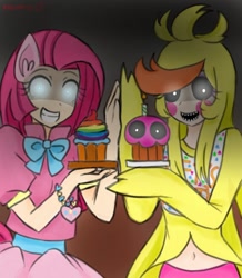 Size: 870x1000 | Tagged: safe, alternate version, artist:nichandesu, pinkie pie, earth pony, human, pony, g4, 2015, :d, black sclera, blush sticker, blushing, bracelet, candle, chica, clothes, crossover, cupcake, duo, eared humanization, female, five nights at freddy's, food, glowing, glowing eyes, gradient background, holding hands, humanized, jewelry, necklace, open mouth, open smile, pinkamena diane pie, rainbow cupcake, smiling