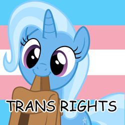 Size: 1024x1024 | Tagged: artist needed, safe, edit, trixie, pony, unicorn, g4, bag, cute, diatrixes, female, mouth hold, mouthpiece, pride, pride flag, saddle bag, solo, to saddlebags and back again, trans female, trans trixie, transgender, transgender pride flag