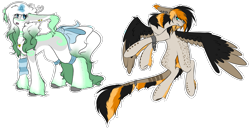 Size: 2487x1278 | Tagged: safe, alternate version, artist:sketchytwi, oc, oc only, pegasus, pony, unicorn, bow, colored, colored wings, flying, glowing, glowing horn, hoof fluff, horn, leonine tail, pegasus oc, simple background, tail, tail bow, transparent background, two toned wings, unicorn oc, wings