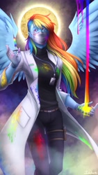 Size: 2160x3840 | Tagged: safe, artist:jadekettu, part of a set, rainbow dash, human, fanfic:rainbow factory, g4, clothes, face mask, fanfic art, female, high res, humanized, lab coat, mask, pants, pony coloring, rainbow factory dash, solo, winged humanization, wings