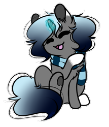 Size: 565x657 | Tagged: safe, artist:sketchytwi, oc, oc only, oc:sketchy, pony, unicorn, :d, behaving like a cat, chibi, clothes, ear fluff, eyes closed, female, glowing, glowing horn, horn, mare, open mouth, open smile, scarf, simple background, smiling, transparent background, underhoof, unicorn oc