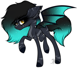 Size: 2077x1822 | Tagged: safe, artist:beamybutt, oc, oc only, oc:skyra, bat pony, pony, bat pony oc, bat wings, ear fluff, eyelashes, female, mare, raised hoof, simple background, smiling, solo, starry tail, starry wings, tail, transparent background, wings