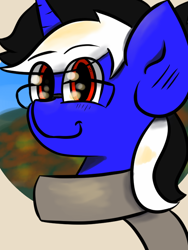 Size: 600x800 | Tagged: safe, artist:tranzmuteproductions, oc, oc only, pony, unicorn, bust, clothes, commission, glasses, horn, male, scarf, smiling, solo, stallion, unicorn oc, ych result