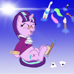 Size: 1080x1080 | Tagged: safe, artist:princessdestiny200i, snowfall frost, starlight glimmer, pony, unicorn, a hearth's warming tail, g4, arm behind back, back scratcher, bondage, clothes, electric toothbrush, eyes closed, feather, female, fetish, glasses, hoof fetish, hoof tickling, mare, open mouth, paintbrush, pen, rope, rope bondage, shirt, solo, spats, suit, tickle torture, tickling