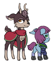 Size: 640x768 | Tagged: safe, artist:multiverseequine, derpibooru exclusive, oc, oc only, oc:crescent moon, oc:enoki, bat pony, deer, pony, antlers, bag, bat pony oc, bat wings, butt, cloak, clothes, colt, deer oc, duo, foal, folded wings, full body, jacket, male, plot, saddle bag, shoes, simple background, socks, stag, tail, tail wrap, transparent background, wings