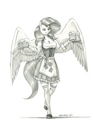 Size: 1000x1330 | Tagged: safe, artist:baron engel, fluttershy, pegasus, anthro, unguligrade anthro, g4, alcohol, beer, beer mug, breasts, busty fluttershy, cleavage, clothes, dirndl, dress, female, mare, monochrome, oktoberfest, pencil drawing, smiling, solo, spread wings, stockings, thigh highs, traditional art, waitress, wings