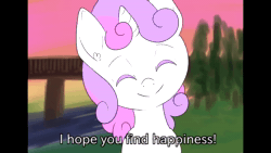 Size: 1280x720 | Tagged: safe, ai assisted, ai content, artist:happy harvey, fifteen.ai, sweetie belle, pony, unicorn, g4, ai voice, animated, anime reference, cute, dialogue, female, filly, looking at you, phone drawing, ponified, reference, river, smiling, smiling at you, solo, sound, tree, webm