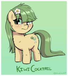 Size: 1482x1672 | Tagged: safe, artist:heretichesh, oc, oc only, oc:kiwi cocktail, earth pony, pony, blushing, eye clipping through hair, female, filly, flower, flower in hair, fluffy, freckles, gradient background, solo