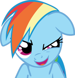 Size: 2000x2073 | Tagged: safe, artist:frownfactory, rainbow dash, pegasus, pony, g4, season 2, the mysterious mare do well, bust, female, floppy ears, high res, mare, open mouth, open smile, simple background, sinister, sinister smile, smiling, solo, transparent background, vector