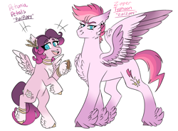 Size: 4050x3000 | Tagged: safe, artist:gingygin, pipp petals, zipp storm, pegasus, pony, g5, my little pony: a new generation, alternate design, alternate name, anklet, bracelet, cheek feathers, chest feathers, chest fluff, coat markings, colored eyebrows, colored wings, duo, ear piercing, ear tufts, earring, feathered fetlocks, female, headcanon, jewelry, looking at you, mare, necklace, no catchlights, open mouth, open smile, piercing, pipp is short, raised hoof, raised leg, siblings, simple background, sisters, size difference, small wings, smiling, socks (coat markings), underhoof, unshorn fetlocks, white background, wings