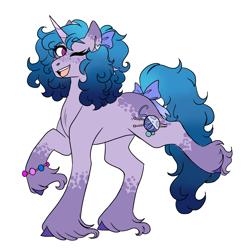 Size: 3000x3000 | Tagged: safe, artist:gingygin, izzy moonbow, pony, unicorn, g5, my little pony: a new generation, alternate cutie mark, alternate design, bow, bracelet, coat markings, colored ears, colored eyebrows, female, freckles, hair bow, headcanon, high res, hoof fluff, horn, jewelry, looking at you, mare, no catchlights, one eye closed, open mouth, open smile, raised hoof, raised leg, simple background, smiling, socks (coat markings), solo, tail, tail bow, unshorn fetlocks, white background, wink