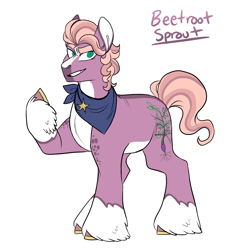 Size: 2000x2000 | Tagged: safe, artist:gingygin, sprout cloverleaf, oc, oc only, earth pony, pony, g5, my little pony: a new generation, alternate design, alternate name, badge, bandana, coat markings, colored ears, colored eyebrows, grin, headcanon, high res, hoof fluff, looking at you, male, no catchlights, raised hoof, simple background, smiling, socks (coat markings), solo, spots, stallion, unshorn fetlocks, white background, white belly