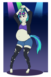 Size: 854x1280 | Tagged: safe, artist:zendrid, dj pon-3, vinyl scratch, unicorn, anthro, unguligrade anthro, g4, belly, belly button, big belly, clothes, dancing, female, grin, jacket, pregnant, shorts, smiling, socks, sunglasses, thigh highs