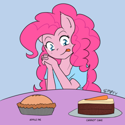 Size: 1000x1000 | Tagged: safe, artist:empyu, pinkie pie, earth pony, anthro, g4, 30 minute art challenge, apple, apple pie, cake, carrot cake (food), diet, food, pie, solo, tongue out