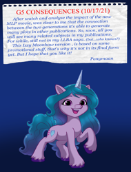 Size: 1701x2237 | Tagged: safe, artist:ponymaan, izzy moonbow, pony, unicorn, g5, my little pony: a new generation, backwards cutie mark, broken english, jewelry, open mouth, text
