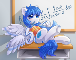 Size: 1784x1400 | Tagged: safe, artist:twilight-minkowski, oc, oc only, oc:polar restar, pegasus, pony, book, calculus, classroom, clothes, complex analysis, female, formula, mare, math, mouth hold, pen, smiling, solo, teacher, uniform