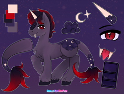 Size: 6300x4800 | Tagged: safe, artist:reallycoykoifish, oc, pony, unicorn, cloud, dragon tail, fangs, moon, night, night sky, reference sheet, sky, stars, tail