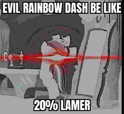 Size: 540x497 | Tagged: safe, edit, edited screencap, screencap, rainbow dash, pegasus, pony, g4, suited for success, 20% cooler, cropped, deep fried meme, evil character be like, impact font, meme, photo