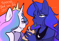 Size: 2893x2039 | Tagged: safe, artist:meliciamelano, princess celestia, princess luna, alicorn, anthro, g4, angry, crown, duo, eating, food, herbivore, high res, jewelry, lunch, orange background, regalia, royal sisters, salad, sandwich, siblings, simple background, sisters, text, trollestia