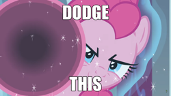 Size: 2190x1232 | Tagged: safe, edit, edited screencap, screencap, pinkie pie, earth pony, pony, g4, the ending of the end, aura, caption, dodge this, female, image macro, magic, magic aura, mare, meme, party bazooka, reference, rocket launcher, smiling, smirk, solo, text, the matrix