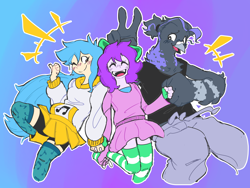 Size: 4000x3004 | Tagged: safe, artist:doodlegamertj, oc, oc only, oc:doodlegamertj, oc:mable syrup, oc:musicallie, avian, bird, human, anthro, equestria girls, g4, blue hair, bow, clothes, colored background, deaf, dress, family, fist bump, happy, hoodie, humanized, music notes, pants, purple hair, skirt, socks, striped socks, sweatpants, tank top