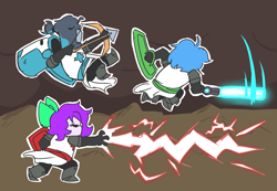 Size: 3142x2178 | Tagged: safe, artist:doodlegamertj, oc, oc only, oc:doodlegamertj, oc:mable syrup, oc:mona, avian, bird, human, anthro, equestria girls, g4, blue hair, bow, bow (weapon), castle crashers, deaf, high res, humanized, lightning, lightsaber, magic, purple hair, shield, star wars, weapon