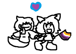 Size: 339x239 | Tagged: safe, artist:bigsneks, oc, oc only, oc:mable syrup, oc:mona, ghost, undead, anthro, doodle, female, happy, heart, holding hands, lesbian, lesbian pride flag, love, pride, pride flag, tongue out