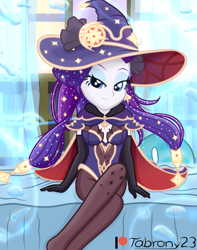 Size: 1075x1366 | Tagged: safe, artist:tabrony23, rarity, equestria girls, g4, bed, bedroom eyes, cape, clothes, cosplay, costume, eyeshadow, female, genshin impact, gloves, hat, high heels, leotard, looking at you, magic, makeup, mona (genshin impact), pantyhose, patreon, patreon logo, shoes, show accurate, sitting, sitting on bed, slimes (genshin impact), smiling, smiling at you, solo, sparkly mane, water, witch hat