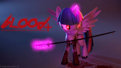 Size: 3840x2160 | Tagged: safe, artist:fireemerald123, twilight sparkle, alicorn, pony, g4, 3d, blood, blood+, glowing, glowing eyes, high res, katana, simple background, solo, source filmmaker, sword, twilight sparkle (alicorn), watermark, weapon
