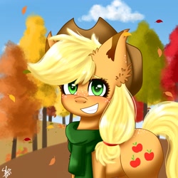 Size: 2438x2438 | Tagged: safe, artist:galaxy swirl, applejack, earth pony, pony, g4, autumn, clothes, hat, high res, leaves, scarf, solo, tree