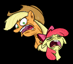Size: 530x466 | Tagged: safe, artist:cookieboy011, apple bloom, applejack, g4, black background, crying, faic, female, floppy ears, screaming, siblings, simple background, sisters