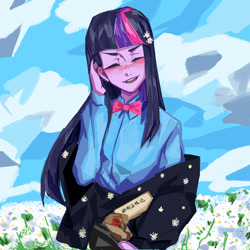 Size: 2362x2362 | Tagged: safe, artist:田园锄串子, twilight sparkle, equestria girls, g4, blushing, bowtie, eyes closed, female, flower, flower field, flower in hair, high res, rose, shir, smiling, solo