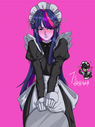 Size: 3543x4724 | Tagged: safe, artist:田园锄串子, twilight sparkle, equestria girls, g4, blushing, clothes, female, maid, maidlight sparkle, pink background, simple background, solo