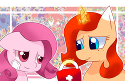 Size: 1280x829 | Tagged: safe, artist:kojarmax, oc, oc:annisa the good pony, oc:annisa trihapsari, oc:kojarmax, oc:sunflower, earth pony, pony, unicorn, series:the legend of tenderheart, amused, annisaverse, buddies, duo, female, first aid kit, floppy ears, glowing, glowing horn, horn, indonesia, kindness, magic, mare, smiling, telekinesis