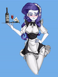Size: 3543x4724 | Tagged: safe, artist:田园锄串子, rarity, equestria girls, absurd resolution, alcohol, blue background, blushing, bowtie, clothes, female, flower, french maid, garter belt, garters, glass, hand on hip, lip bite, looking at you, maid, maid headdress, maidity, raised arm, raised eyebrow, rose, simple background, smiling, smiling at you, socks, solo, stockings, thigh highs, tray, wine, wine glass, zettai ryouiki