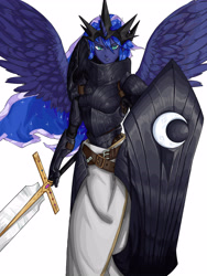 Size: 3543x4724 | Tagged: source needed, safe, artist:田园锄串子, princess luna, human, g4, female, horn, horned humanization, humanized, shield, simple background, solo, sword, weapon, white background, winged humanization, wings