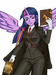 Size: 3520x4724 | Tagged: safe, artist:田园锄串子, twilight sparkle, human, g4, book, female, horn, horned humanization, humanized, scepter, simple background, solo, twilight scepter, white background, winged humanization, wings