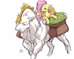 Size: 1186x950 | Tagged: safe, artist:makkah, bulk biceps, fluttershy, pegasus, pony, g4, bag, colored hooves, female, fluttershy riding bulk biceps, larger male, male, mare, muscles, muscular male, ponies riding ponies, riding, saddle bag, ship:flutterbulk, shipping, simple background, smaller female, stallion, straight, white background