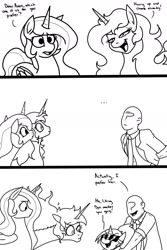 Size: 1200x1800 | Tagged: safe, artist:pony quarantine, daybreaker, princess celestia, oc, oc:anon, oc:dyx, alicorn, human, pony, g4, black and white, comic, dialogue, female, filly, grayscale, lineart, male, mare, monochrome, simple background, white background