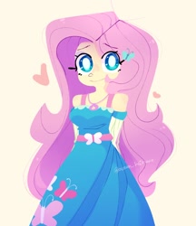 Size: 738x856 | Tagged: safe, artist:ocean_hairuuu, fluttershy, equestria girls, g4, arm behind back, bare shoulders, clothes, cute, dress, female, heart, looking at you, shyabetes, simple background, solo, white pupils, yellow background