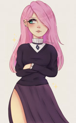 Size: 879x1410 | Tagged: safe, artist:xxminuhxx, fluttershy, human, choker, clothes, crossed arms, dress, eyelashes, eyeliner, eyeshadow, female, fluttergoth, hair over one eye, high collar, humanized, jewelry, lips, looking away, makeup, necklace, side slit, simple background, skirt, solo, sweater, sweatershy, white background