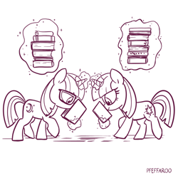 Size: 2048x2048 | Tagged: safe, artist:pfeffaroo, moondancer, twilight sparkle, pony, unicorn, g4, book, bookworm, carrying, duo, duo female, female, filly, filly moondancer, filly twilight sparkle, high res, imminent crash, magic, monochrome, reading, simple background, telekinesis, this will end in friendship, this will end in pain, unicorn twilight, white background, younger