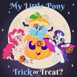 Size: 1080x1080 | Tagged: safe, artist:mylittleponyjpn, part of a set, pinkie pie, rainbow dash, rarity, bat, earth pony, pegasus, pony, unicorn, g4, official, bipedal, candy, candy corn, clothes, costume, female, food, halloween, halloween costume, holiday, jack-o-lantern, lollipop, moon, mummy costume, pumpkin, pumpkin bucket, trick or treat, trio, trio female, vampire costume