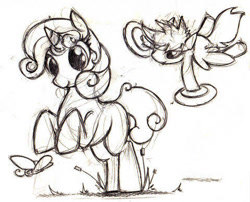 Size: 480x388 | Tagged: safe, artist:chazcatrix, scootaloo, sweetie belle, butterfly, pegasus, pony, unicorn, g4, cymbals, duo, monochrome, prank, rearing, sketch, traditional art